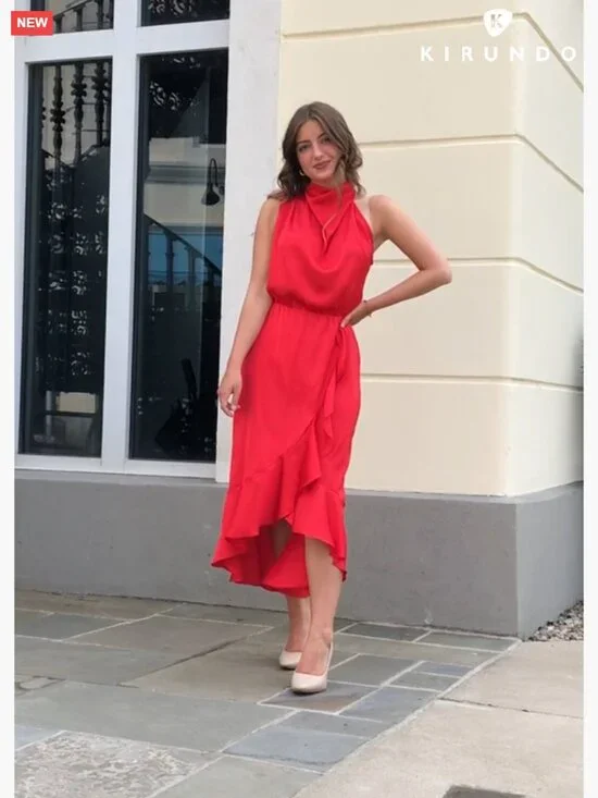 Satin Mock Neck Wrap Midi Dress Sleeveless Formal Cocktail Party - Picture 6 of 7